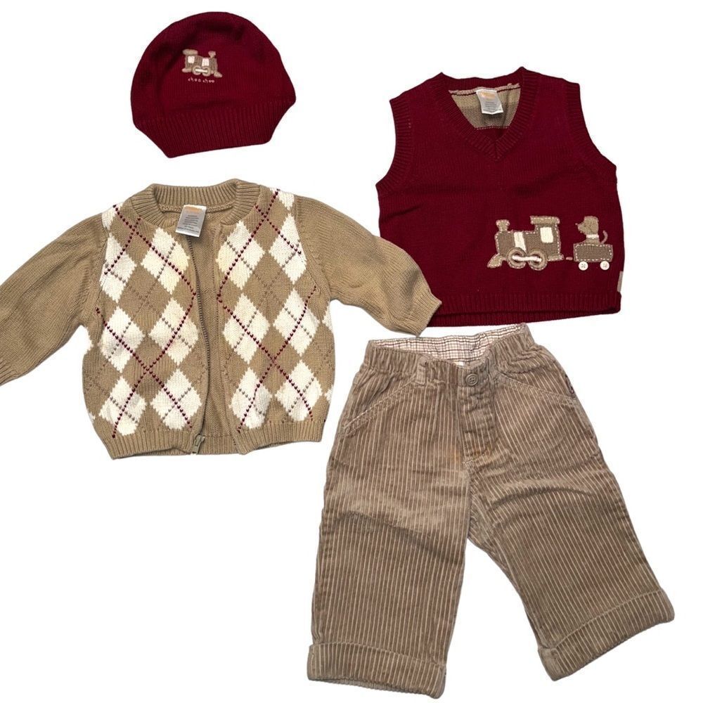Gymboree Train Sweater Vest, Knit‎ Cap, Tan Corduroy Pants & Argyle Sweater